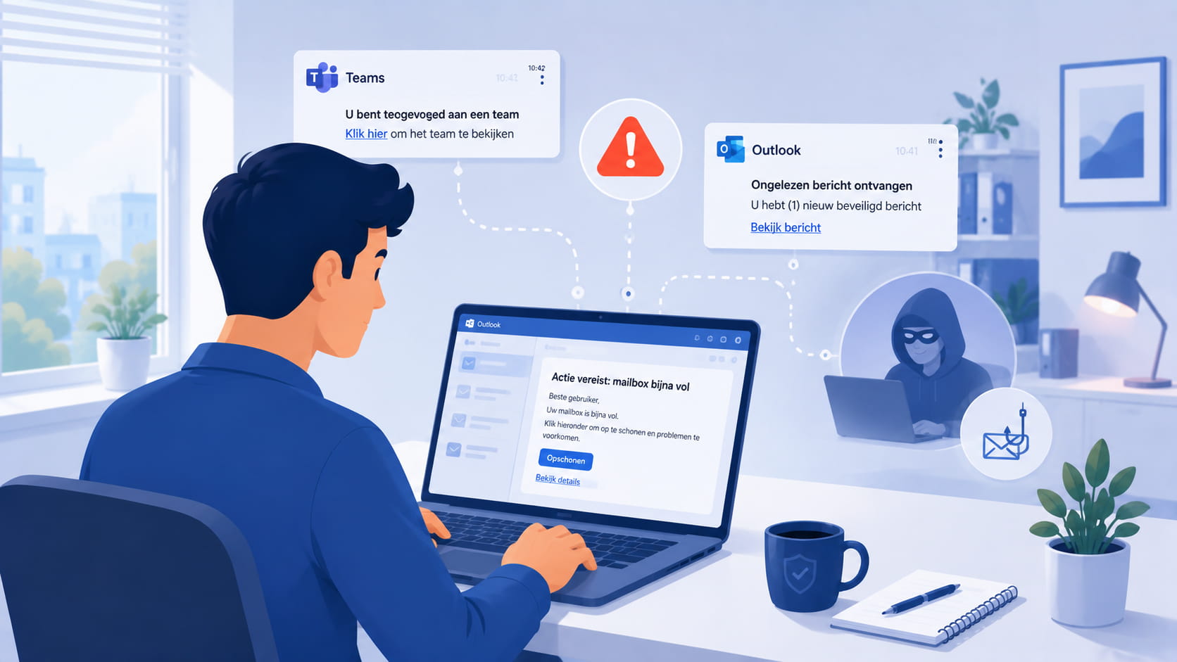 Neppe Teams- en Outlook-melding op een laptopscherm