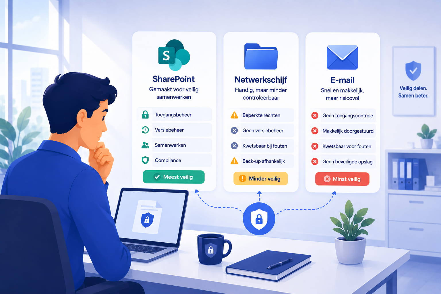 Vergelijking tussen SharePoint, netwerkschijf en e-mail voor bestanden delen