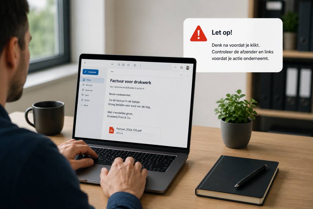 Medewerker achter laptop die twijfelt bij een e-mail